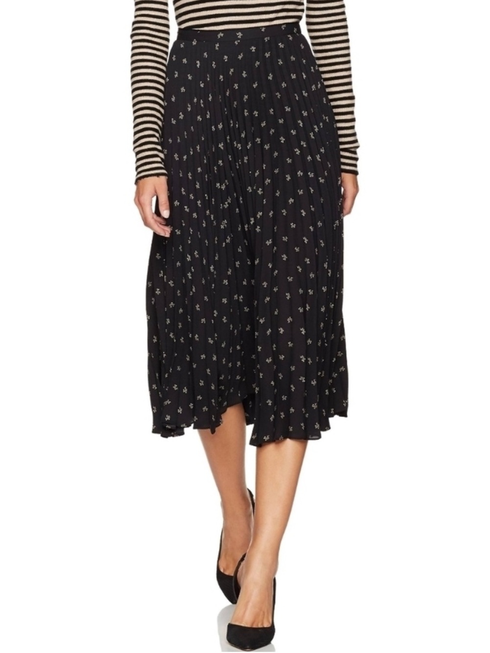 Vince Skirt Accordion Pleated Midi in Ditsy Floral Black